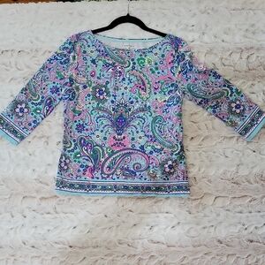 Talbots Paisley Floral Top Women's Sz MP Printed Jersey Tee Blue, Pink Green,